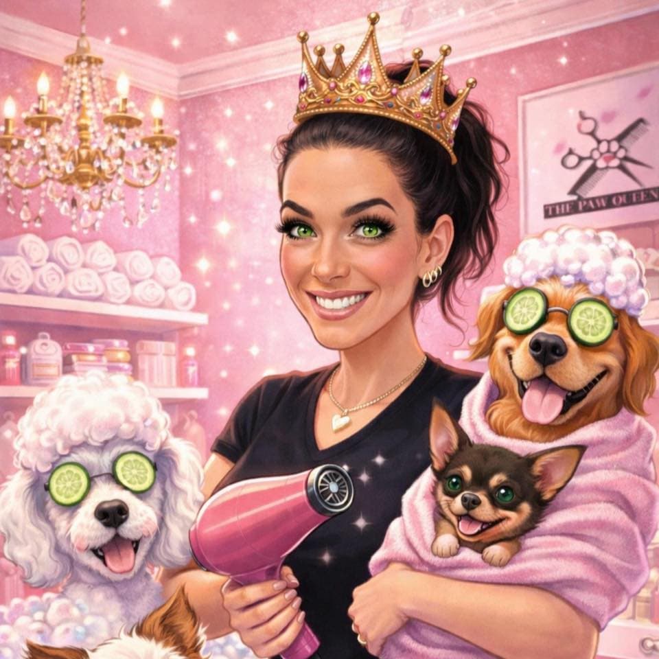 Illustrated portrait of LilaJean the Paw Queen holding a dryer, surrounded by dogs in her pink grooming salon in Boulder City, NV