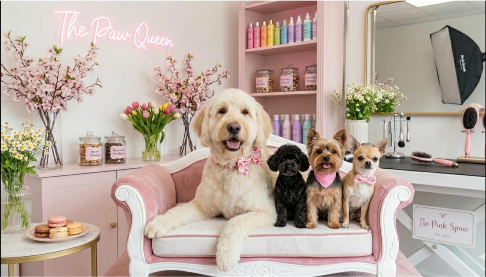 Four freshly groomed dogs on a pink Victorian sofa at The Paw Queen pet grooming salon in Boulder City, NV