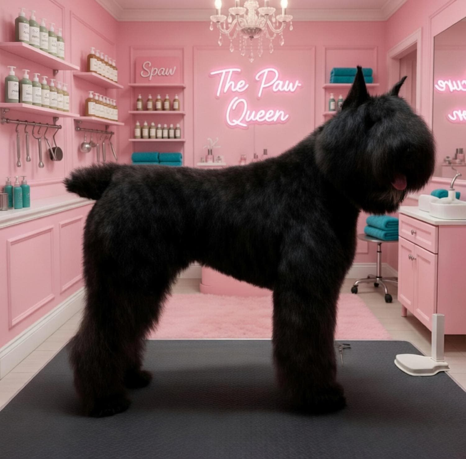 Perfectly groomed black giant schnauzer at The Paw Queen pet grooming salon in Boulder City, NV